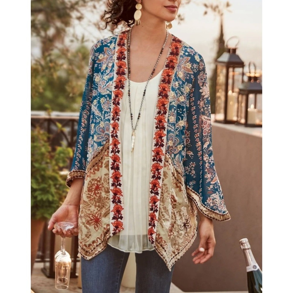 Soft Surroundings Moonlight Garden Topper M Velvet Burnout Boho Kimono Artsy